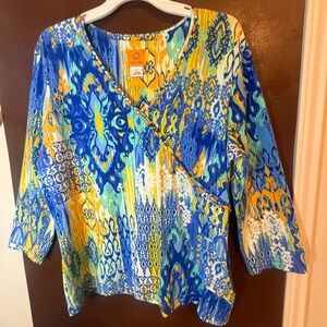 Ruby Rd. Blue and Yellow V neck bead embellished  Graphic Blouse 3/4 Sleeve Sz L